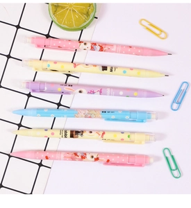 Close-up of assorted cartoon 0.7mm mechanical pencils with various patterns and colors