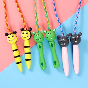 Child wood skipping rope with cute bee frog and cat handle designs for fitness training