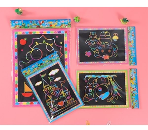 Detailed set of colorful rainbow scratch art paper cards with diverse cartoon themes