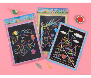 Detail of 3pcs rainbow scratch art set with bamboo pen in colorful animal designs