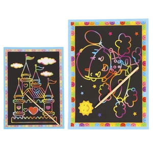 Rainbow scratch art kit for kids with castle and cartoon designs plus wooden stylus tools