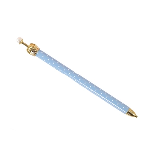 Blue mechanical pencil with white hearts and a golden crown featuring a white pearl top
