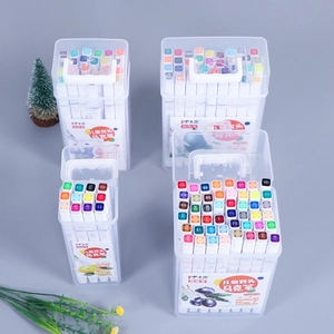 Washable dual tip marker set in transparent plastic cases for student coloring
