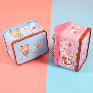 Salvadanaio in banda stagnata a forma di casa per bambini in rosa e blu con serratura