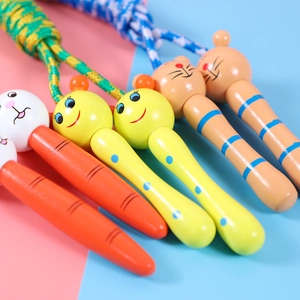 Adjustable kids wooden jump rope with cartoon animal handles and colorful braided cord