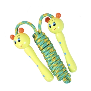 Kids wooden jump rope with yellow cartoon character handles and braided fitness cord