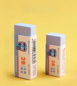 Detail view of two sizes of antibacterial 2B erasers with blue paper sleeves on yellow background