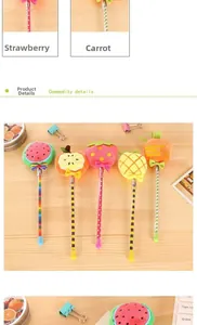 Detailed view of colorful plush fruit gel pens including strawberry and carrot designs