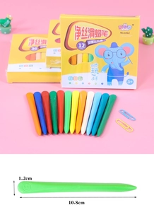 Detail of 12-color triangular crayons showing 10.8cm length and washable silk texture