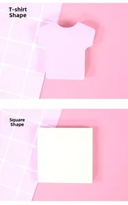 Détail de notes adhésives en forme de t-shirt rose et carré blanc sur fond quadrillé