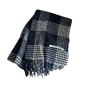 Classic navy blue and white houndstooth cashmere-like scarf with soft fringe tassels