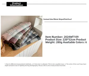 Detail view showing soft mohair plaid scarf texture with tassel and 220x52cm size info