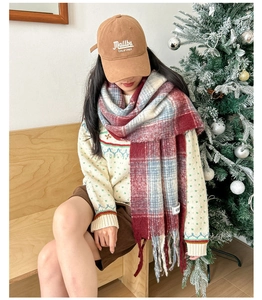 Winter look with red blue plaid mohair scarf and khaki embroidered baseball cap