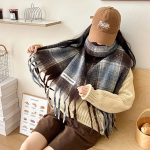 Women Winter Warm Plaid Scarf Thick Soft Mohair Texture Checked Scarf With Long Tassels Long Scarf Shawl For Outdoor Everyday
