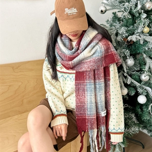 Winter plaid mohair scarf with tassels in vintage burgundy and blue check patterns