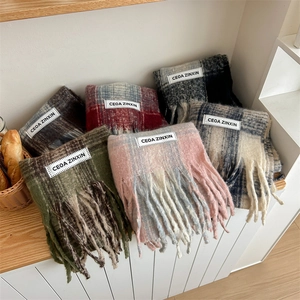 Thick checkered mohair scarves with tassels in multiple colors for winter warmth