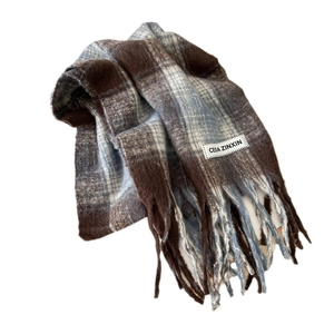 Thick plaid mohair scarf with tassels in brown, blue and white for winter warmth