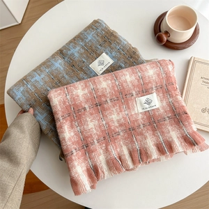 Women Plaid Scarf Imitation Cashmere Thick Warm Soft Long Checkered Tassel Fringe Preppy Style Fashion Pink Blue