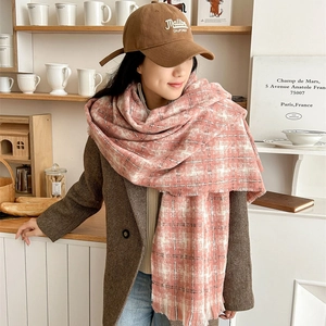 Pink and white plaid cashmere-feel scarf with soft tassels for winter warmth