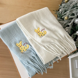 Winter Scarf Soft Polyester Mohair Like Warm Long Tassel Cartoon Dog Embroidery Korean Style For Women