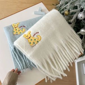 Winter mohair scarf with cartoon dog embroidery and fringe in light blue and cream