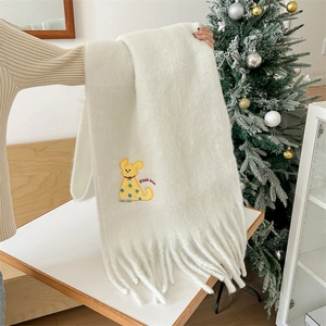 White mohair scarf with cute cartoon dog embroidery and star dog text for winter warmth