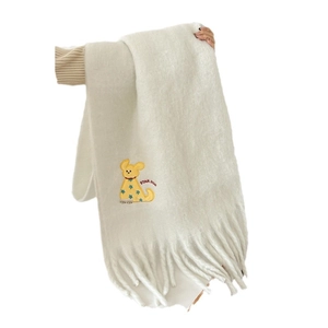 Cream knit mohair scarf with cartoon puppy star embroidery and long tassel trim