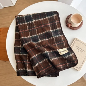Classic checkered wool scarf in deep brown and beige with a vintage edge stitch finish