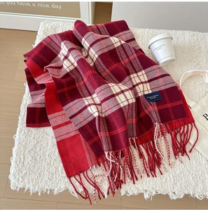 Dettaglio di sciarpa a quadri rossi con nappe ed etichetta Elegant and Classic