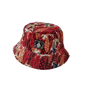 Reversible red bucket hat with Japanese koi fish pattern and canvas sun protection