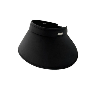 Women's black wide-brim empty top sun hat with UV protection and metal logo detail
