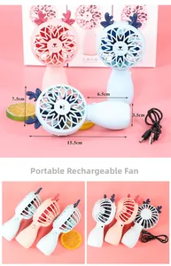 Detailed dimensions of portable deer-shaped USB fan in pink and blue colors