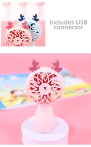 Detail of a pink deer-style mini USB fan with a charging cable and stable base