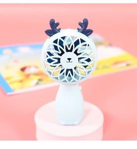 Close-up of portable blue deer-style mini fan with cute antlers and USB charging port