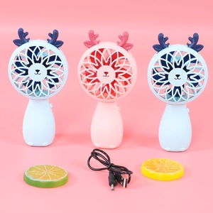 Portable mini USB hand fan with cute deer ears in pink and blue for summer cooling