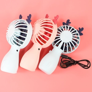 Portable mini handheld deer-style fans in blue and pink with USB charging cable