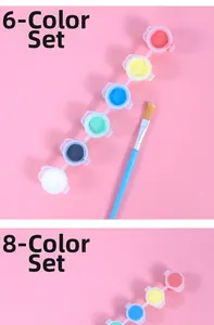 Detail view of 6 and 8 color acrylic paint sets with a brush for kids DIY crafts
