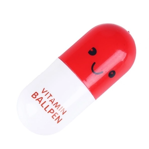 Cute red and white capsule-shaped retractable ballpoint pen with cartoon vitamin design