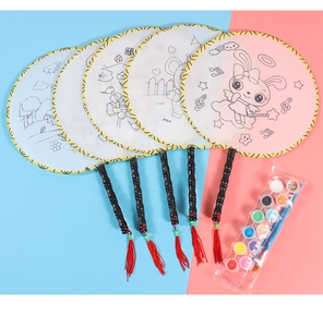 Kit éventails DIY enfant avec 5 motifs, pinceaux, peintures et glands décoratifs rouges