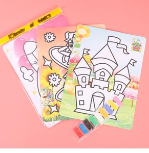DIY sand art set with three colorful cartoon cards and nine vibrant sand packets