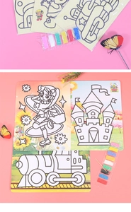Detailed view of DIY sand art kit featuring cartoon cards and colorful sand packets