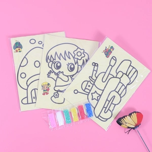 Kids DIY sand art kit with 3 creative patterns and 6 colored sand packets for handicraft fun
