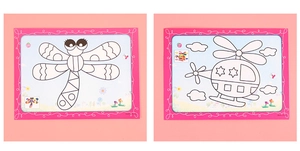 Dettaglio di tavole da colorare fai-da-te per bambini con disegni di libellula ed elicottero