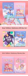 Detail of children stationery blind box set including notebooks and rulers in gift box