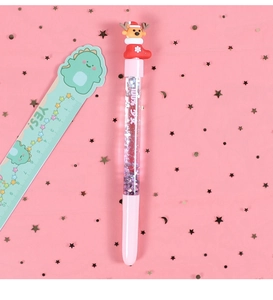 Detail of Christmas reindeer liquid quicksand pen with sparkling glitter and stars