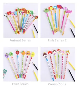 Close-up of assorted HB pencils featuring colorful cartoon fruit and animal rubber erasers
