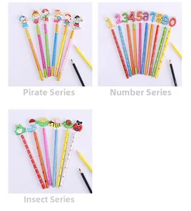 Detailed set of wooden pencils with pirate, number, and insect cartoon spring decorations