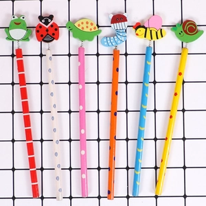Set of 6 colorful HB pencils with spring-mounted cartoon animals and patterned wood barrels