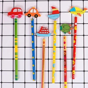 Set of 6 colorful HB pencils with spring-mounted cartoon cars and boats for kids