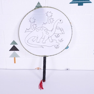 DIY cartoon dinosaur coloring fan for kids with black handle and red tassel ornament